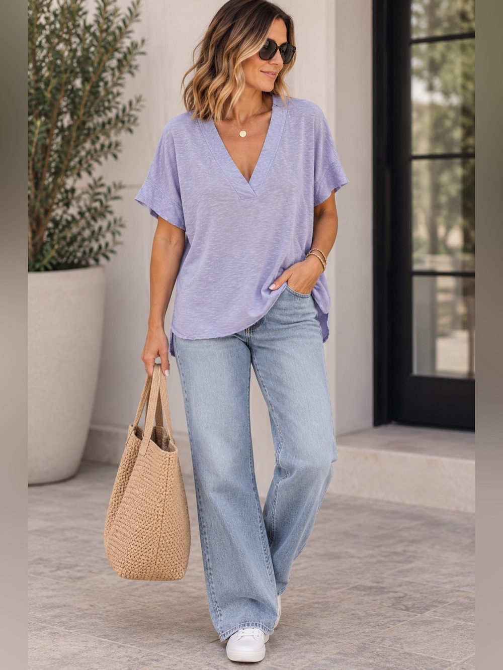 Daily Practice Anthropologie Lavender V Neck Textured Tee Top XL